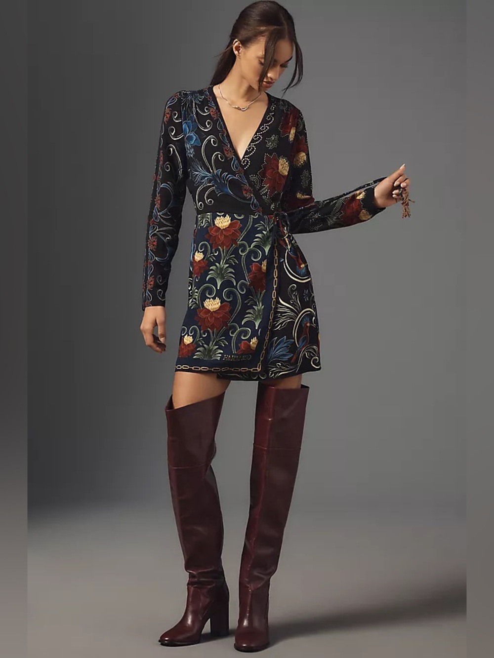 Farm Rio x Anthropologie Mixed Arabesque Scarves Wrap Mini Dress Small Floral